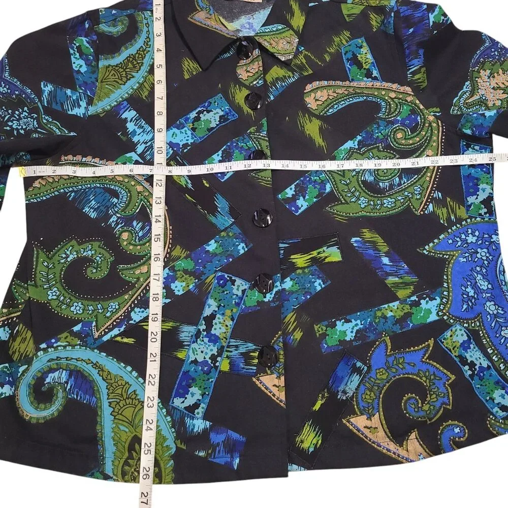 Life Style Woman Black Teal Green Gold Paisley Printed Jacket 1X - Picture 14 of 16